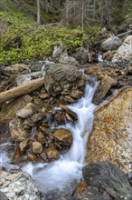 Cascades at the stream near Pufels, Bula, below the Seiser Alm, South Tyrol, Italy, Europe