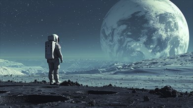 Astronaut standing on the moon's surface, looking at a large earth filling the sky and surrounded
