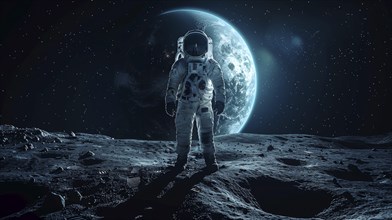 Astronaut on the moon gazing at earth, bathed in the light of the starry night sky and surrounded