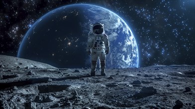 Astronaut on the moon with a brightly illuminated earth and starry night sky, with craters