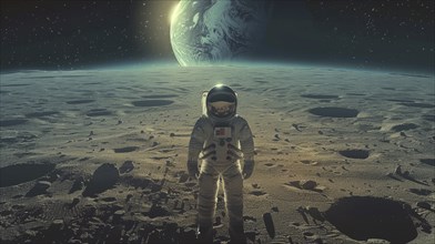 Astronaut standing on the moon with earth in the background, surrounded by craters and lit by a