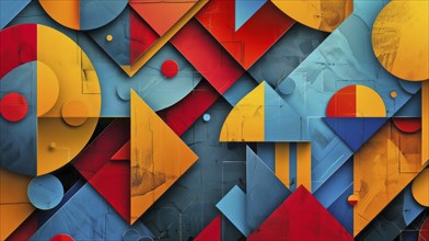 Contemporary abstract art featuring multicolored geometric shapes such as triangles and rectangles,