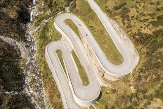 Aerial view of historical road Tremola, mountain pass Sasso San Gotthardo, Switzerland, Europe