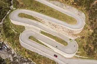 Aerial view of historical road Tremola, mountain pass Sasso San Gotthardo, Switzerland, Europe