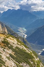 View from the Three Peaks to Lake Auronzo, Dolomites, South Tyrol