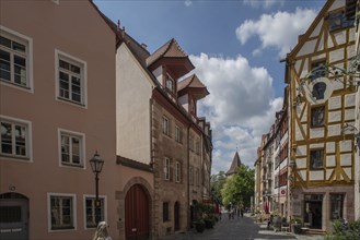 Historic residential buildings with roof lift bay windows, Weissgerbergasse, Nuremberg, Middle