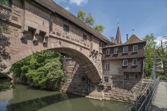 Medieval boat bridge over the Pegnitz, Nuremberg, Middle Franconia, Bavaria, Germany, Europe