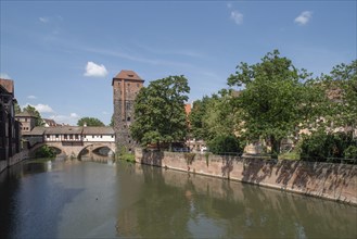 The Pegnitz with Henkersteg and the former water tower, built around 1320, Nuremberg, Middle