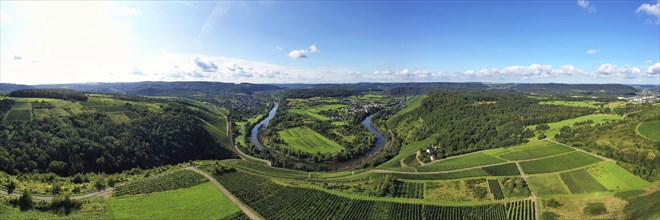 Wiltinger Saarbogen. The river winds through the valley and is surrounded by vineyards and green