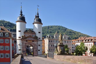 Germany, Heidelberg, June 28th 2024: Gate to 'Karl Theodor Bridge', also known as the Old Bridge,