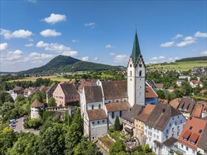 Aerial view of the town of Engen in Hegau with the Church of the Assumption of the Virgin Mary in