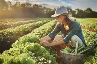 Woman picking vegetables in a field at sunset, basket next to it, AI generated, AI generated