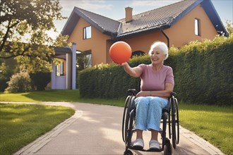 Elderly woman in wheelchair holding a ball outside laughing, AI generated, AI generated