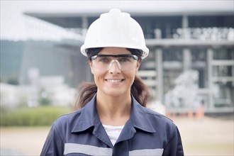 Engineer with hard hat and safety goggles smiles on a construction site, AI generated, AI generated