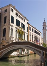 Typical alleyways and bridges in Venice with the San Giorgio dei Greci in the background