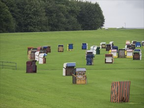 Various colourful beach chairs on a green meadow next to a forest, cuxhaven, germany