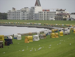 Beach chairs against a background of modern buildings and seagulls near the coast, cuxhaven,