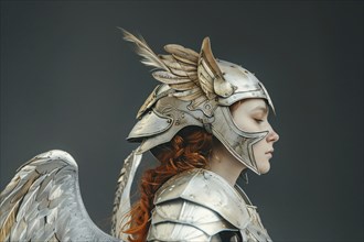 Woman wearing a viking or Norse mythology Valkyrie helmet. Generative AI, AI generated