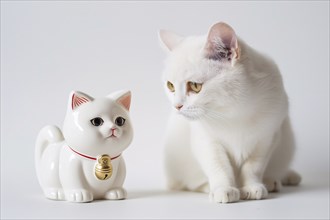 Cute white cat looking at cat figurine on studio background. Generative Ai, AI generated