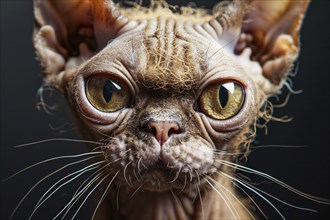 Close up of ugly cat with large eyes and sparse fur. Generative ai, AI generated