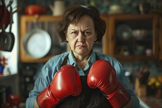 Middle-aged housewife woman in kitchen with apron, red boxing gloves and angry facial expression,