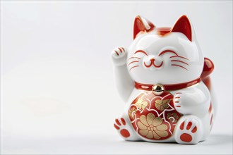 Cute Japanese Maneki Neko winking cat sculpture on white background with copy space, AI generated