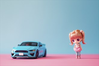 Gender stereotypical toys for children with car and doll on pink and blue background. Generative