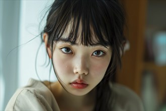 Portrait of young Asian woman or teenage girl with bangs. Generative ai, AI generated
