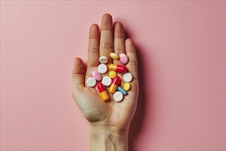 Hand holding many different colorful medical pills and capsules. Generative ai, AI generated