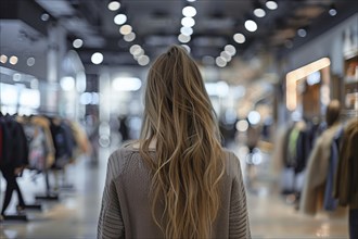 Back view of young woman in clothing store. Generative ai, AI generated