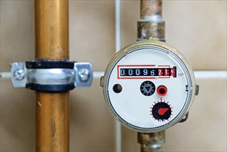 Water clock and copper pipes in a bathroom