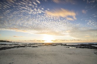 Sunrise over the sea with gentle waves. Sandy beach with lava rocks and blue water alternating with