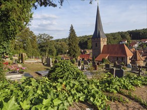 View of cemetery with gravestones and church tower in the background, surrounded by green