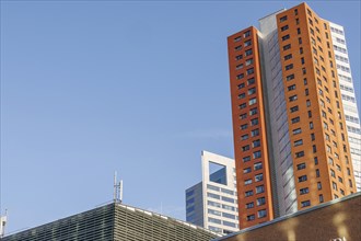 A modern tower block under a bright blue sky, rotterdam, the netherlands