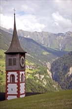 Steeple of a church in the swiss alps