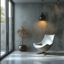 Minimalist space with a modern chair, concrete walls, large window, indoor plant, and sleek