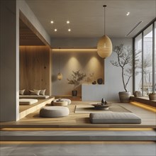 Zen-style room with minimalistic decor, natural wood elements, indoor plants, and soft lighting