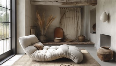 Rustic room with a cozy atmosphere, featuring a lounge chair, earthy tones, woven decor, a large