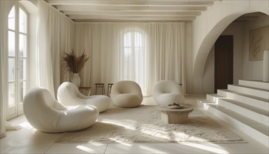 Minimalist living room featuring soft white furniture, neutral tones, sunlight, and a modern