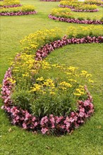 A curved flower bed in a green park with yellow and pink flower-bed, gosau, alps, austria