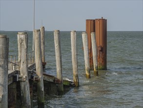 Several old piles stand in the sea, a jetty leads into the water, hallig hooge, schleswig-holstein,