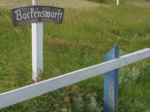 A signpost with the inscription 'Backenswarft' stands in a green and rural area, hallig hooge,
