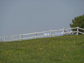 A white fence on a green field with flowers, in the background a washing line under a peaceful sky,