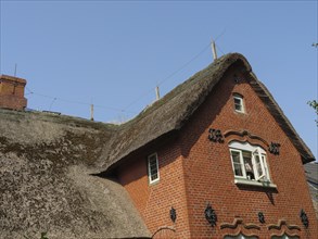 Traditional brick house with thatched roof under a clear sky with white windows, representing