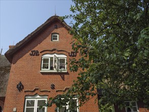 Traditional red brick house with white windows, surrounded by green trees, under a clear blue sky,