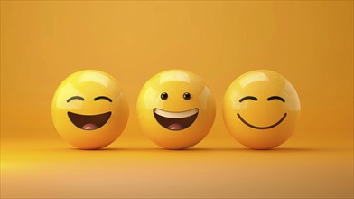 Happy three yellow 3D smiling emojis over yellow background, AI generated