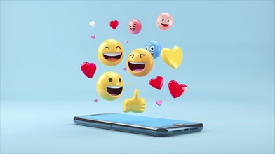 3D emojis emerging from a cellphone, representing positive emotions, AI generated