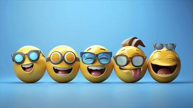 Happy yellow 3D emojis over blue background, AI generated