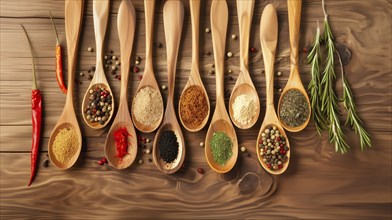 Spices on wooden spoon on a wooden table, AI generated