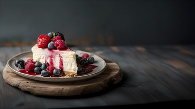 Slice of fresh cheesecake with fresh berries on rustic table, AI generated